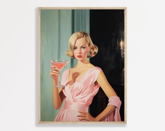 Retro Woman Print | Girly Aesthetic Wall Art | Cocktail Vintage Painting | Preppy Antique Portrait | P #023