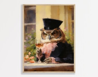 Owl Cocktail Print: Retro Bar Cart and Kitchen Wall Art