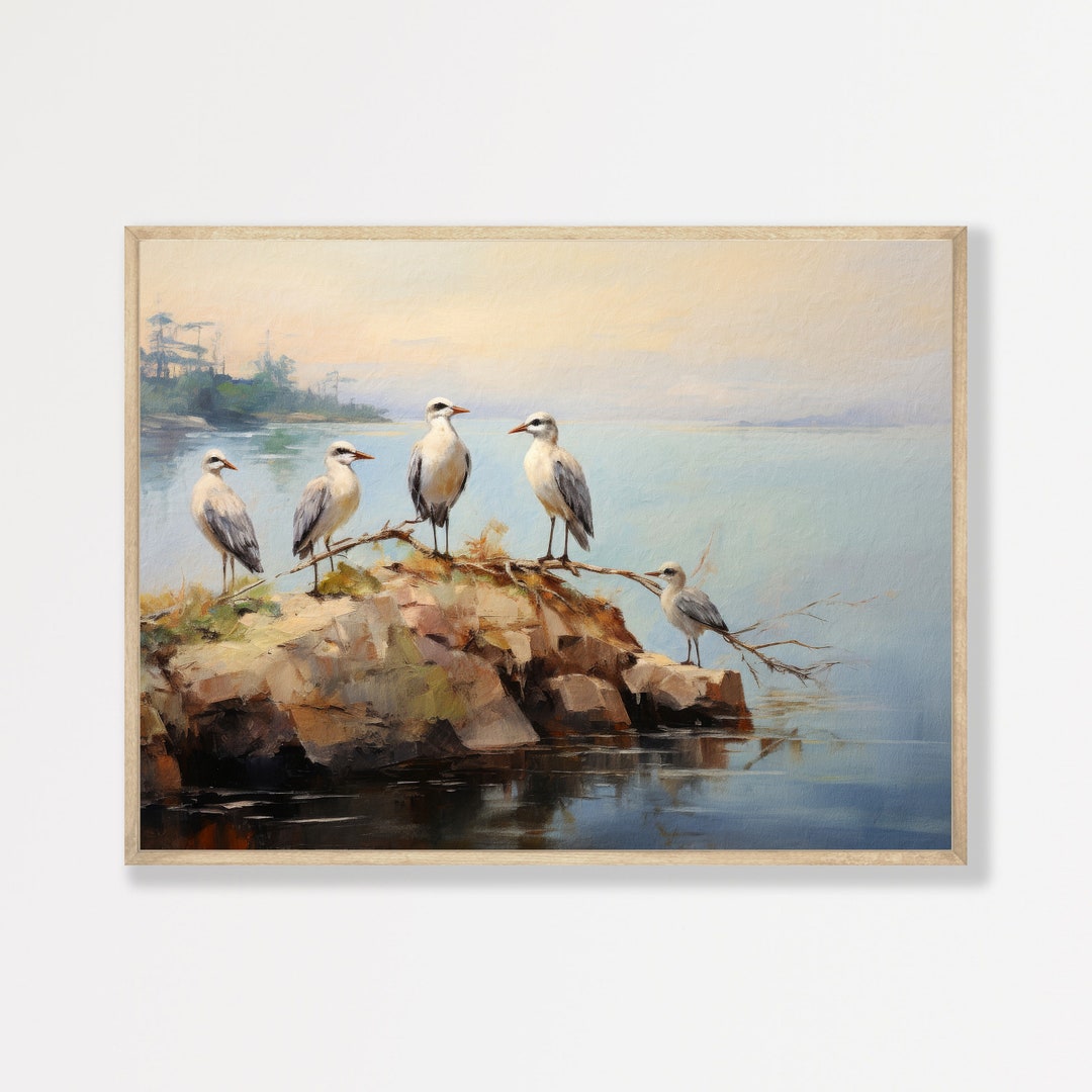 Seagulls Beach Print: Retro Coastal Wall Art Framed or Unframed - Etsy