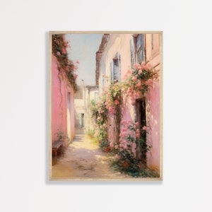 Pink Alleyway Painting | Retro European Italy Wall Art | Vintage Pastel Aesthetic Home Apartment Decor | P #201