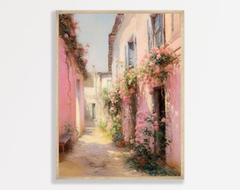 Pink Alleyway Painting | Retro European Italy Wall Art | Vintage Pastel Aesthetic Home Apartment Decor | P #201