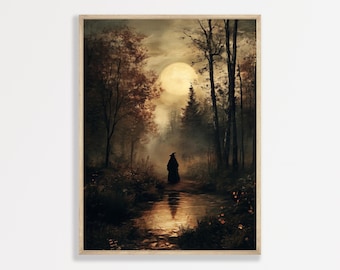 Moon and Witch Wall Art - Moody Dark Academia Forest Scene
