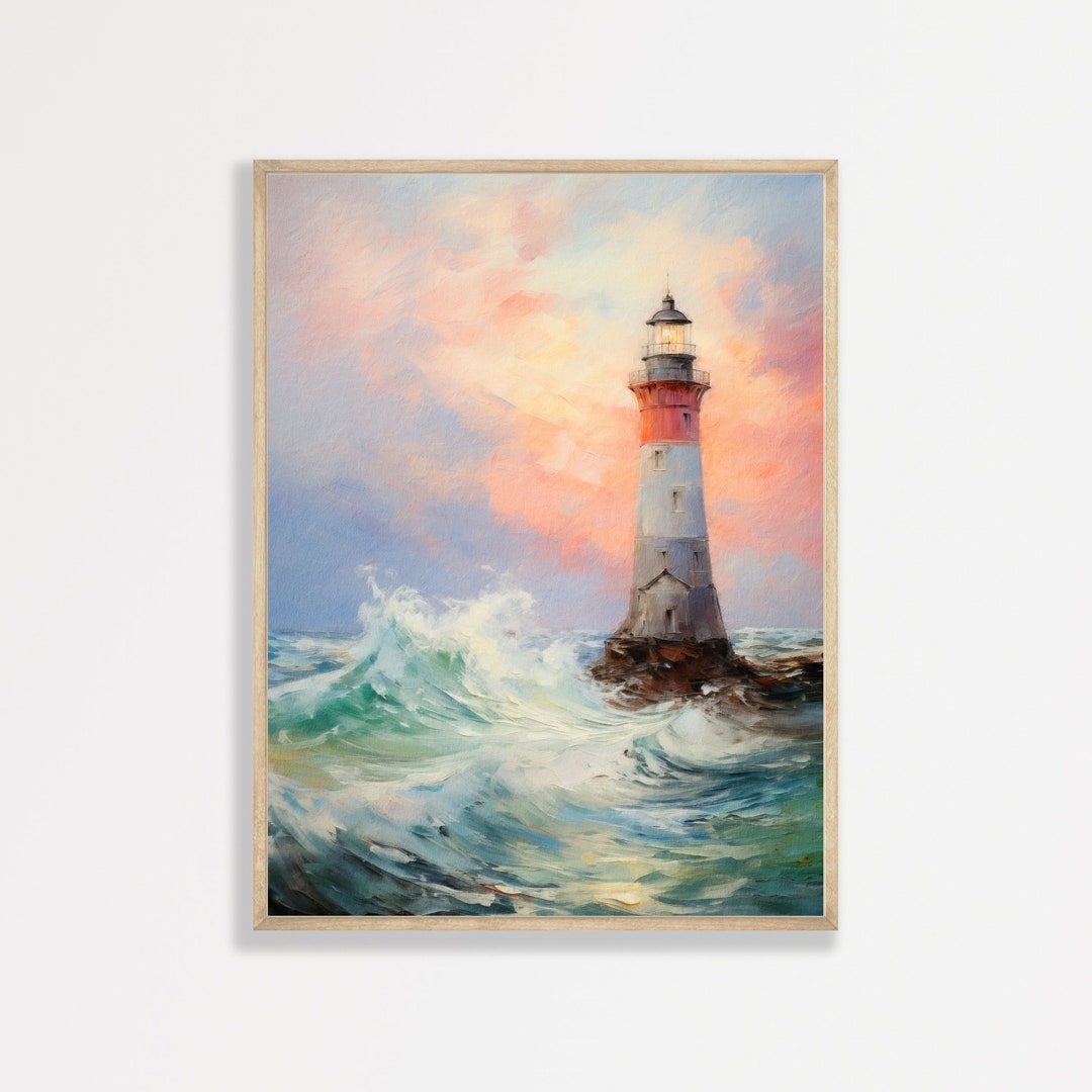 Pastel Lighthouse Painting Retro Beach House Wall Art Decor Coastal Ocean Print P 310 Etsy