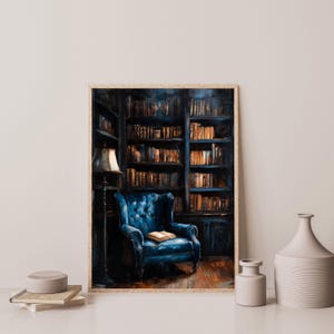 a painting of a blue chair in front of a bookshelf