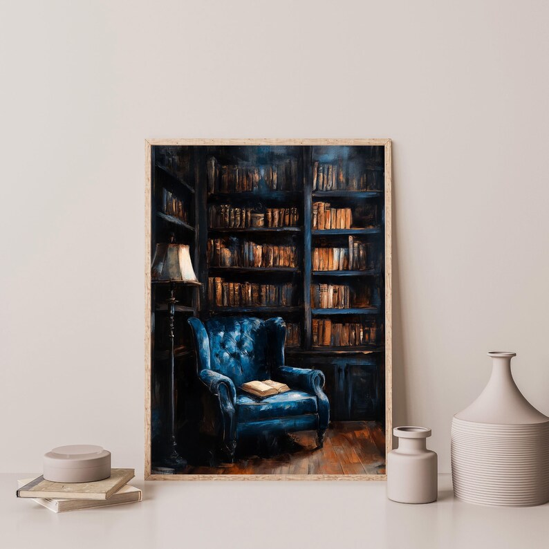 a painting of a blue chair in front of a bookshelf
