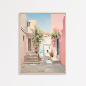 Retro European Print | Pastel Pink Aesthetic Wall Art | Vintage Coastal Painting | Bedroom Apartment Decor | P #113