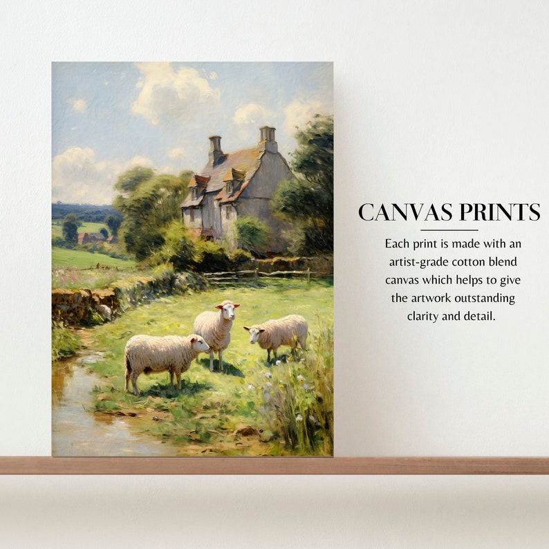a painting of sheep in a field with a house in the background