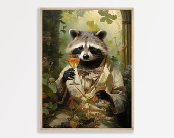 Raccoon Cocktail Print | Retro Bar Car Cart Decor | Funny Vintage Wall Art | Cute Antique Moody Oil Painting | P #634