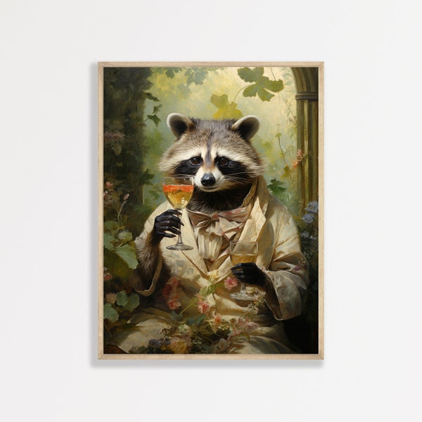 Raccoon Cocktail Print | Retro Bar Car Cart Decor | Funny Vintage Wall Art | Cute Antique Moody Oil Painting | P #634