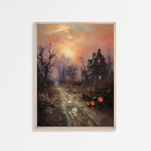 Impresión de noche de otoño / Pintura al óleo de Halloween / Paisaje retro oscuro y espeluznante / P #176