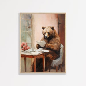 Reading Brown Bear Print | Cute Funny Kids Room Painting Poster | Aesthetic Animal Wall Art | P #268