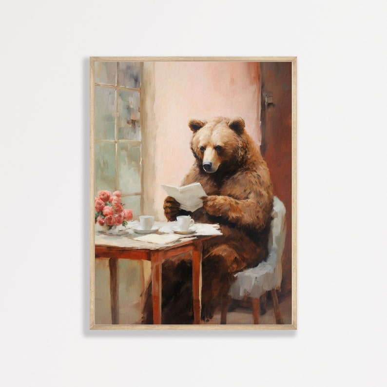 a painting of a bear sitting at a table