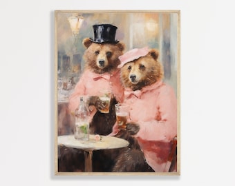 Bear at the Bar Painting | Retro Funny Bar Cart Decor | Trendy Vintage Wall Art Prints | P #269