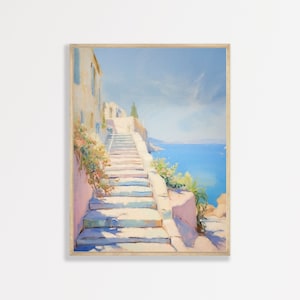 Coastal Stairs Print | Muted Pastel Seascape Painting | Aesthetic Minimal Retro Decor | P #088