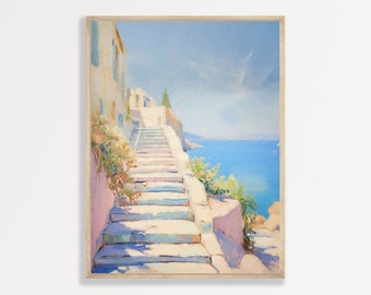Coastal Stairs Print | Muted Pastel Seascape Painting | Aesthetic Minimal Retro Decor | P #088