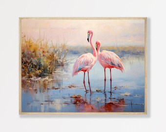 May include: A rectangular wall art print featuring an oil painting of two pink flamingos standing in shallow blue water. The scene includes tall golden-brown grasses on the left side and a soft, hazy horizon line under a pale, warm sky.