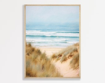 Muted Beach Dunes Painting: Retro Pastel Coastal Landscape