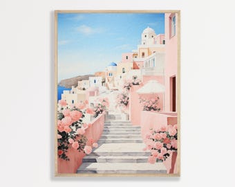 Greece Wall Art Print: Pink Pastel Coastal Scene - Beach House Decor