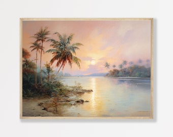 Tropical Painting | Retro Beach Landscape Print | Aesthetic Coastal Home Decor | Maximalist Pastel Artwork | P #049