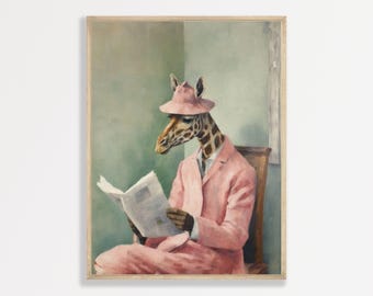 Giraffe Art Print: Funny Reading Animal - Retro Nursery Decor