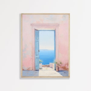 Coastal Door Print | Retro Pastel Pink Blue Wall Art | Aesthetic Preppy Minimal Greece Painting | Girls Apartment Decor | P #135