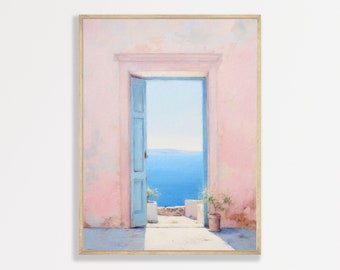 Coastal Door Print | Retro Pastel Pink Blue Wall Art | Aesthetic Preppy Minimal Greece Painting | Girls Apartment Decor | P #135