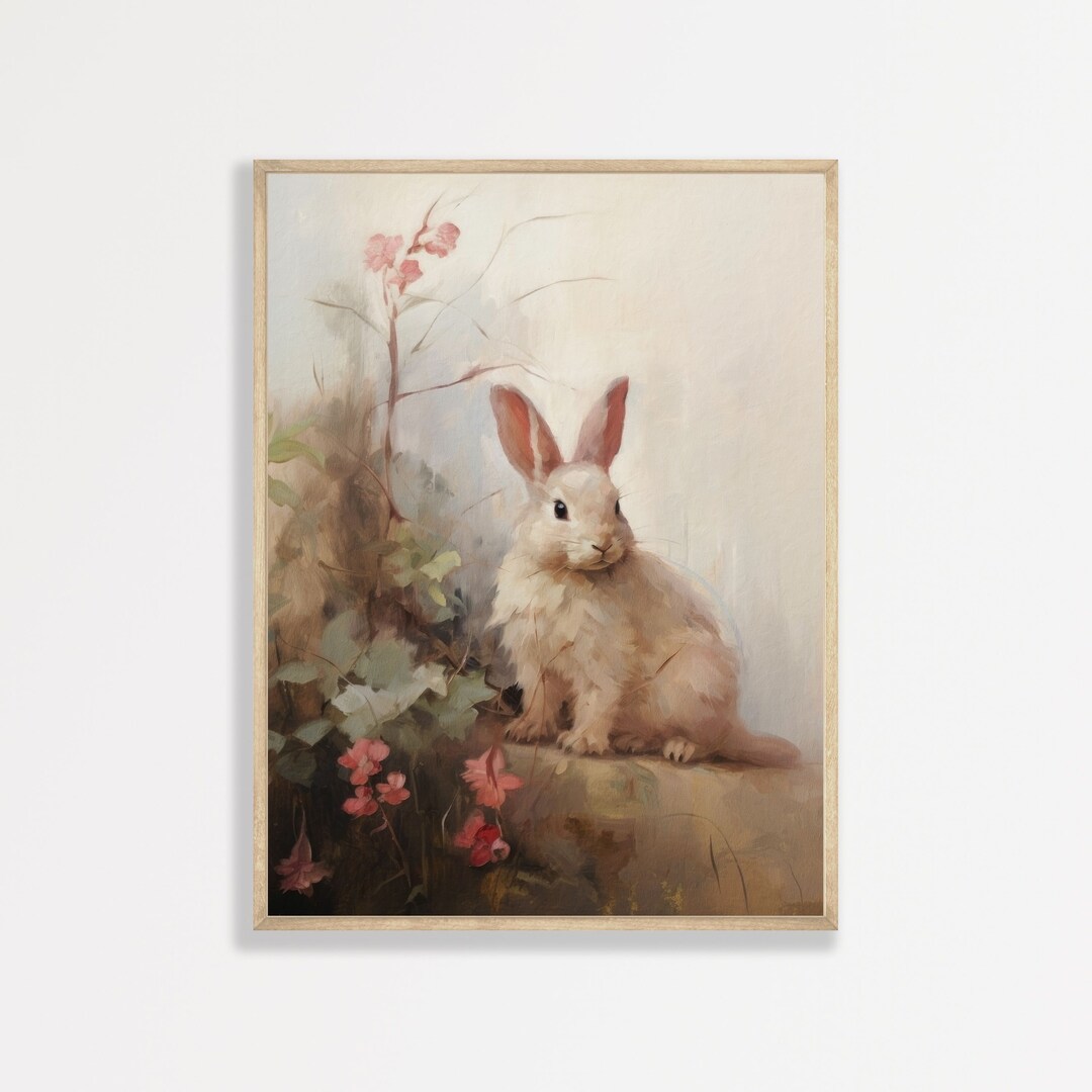 Muted Rabbit Muted Retro Bunny Painting: Pastel Rabbit Countryside Art - Etsy