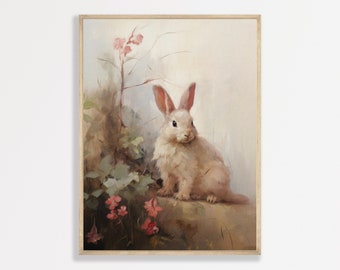Muted Retro Bunny Painting: Pastel Rabbit Countryside Art