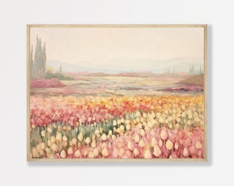Countryside Painting | Muted Pastel Landscape Print | Tulip Flower Field Wall Art | Retro Aesthetic Room Decor | P #027