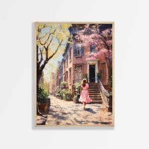 Spring Days Print | Retro New York Painting | Pastel Pink Wall Art | Girly College Apartment Decor | P #106