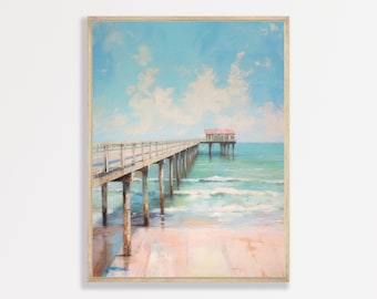 Coastal Pier Painting | Retro Beachy Landscape Print | Aesthetic Girly Apartment Wall Art | P #168