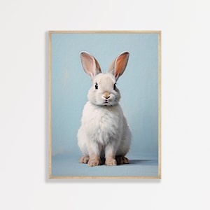 Bunny Art Print | Pastel Blue Rabbit Painting | Vintage Nursery Wall Art | Minimal Animal Bedroom Artwork | P #705