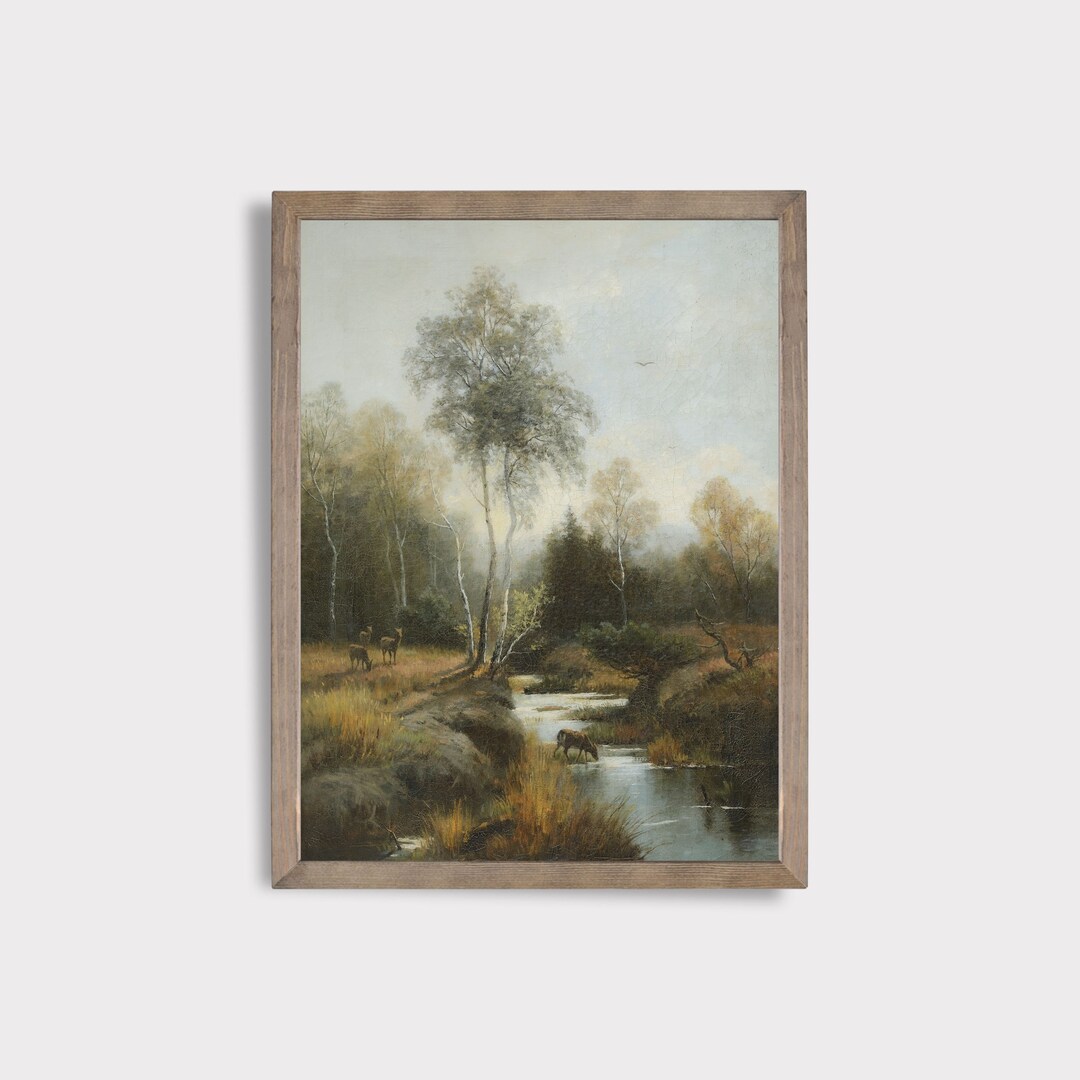 Vintage Nature Art Print Deer in River Landscape Painting Etsy
