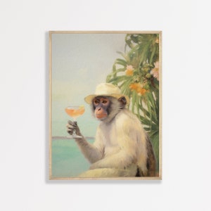 Monkey Cocktail Print | Retro Bar Cart Aesthetic Decor | Cute Apartment Wall Art | P #158