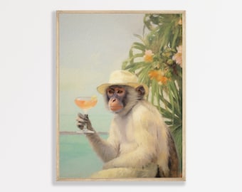 Monkey Cocktail Print | Retro Bar Cart Aesthetic Decor | Cute Apartment Wall Art | P #158