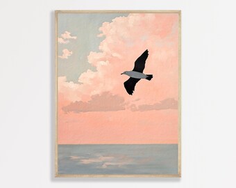 Pastel Seagull Painting: Retro Coastal Wall Art for Bedroom