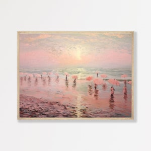 Retro Beach Painting | Pastel Pink Coastal Seascape | Aesthetic Girly Home Decor | Trendy Maximalist Wall Art | P #050