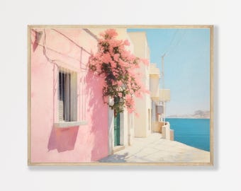 Pastel Pink Coastal Town Print, Retro European Style