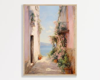 Pink Pastel Coastal Painting - Retro European Alleyway Art