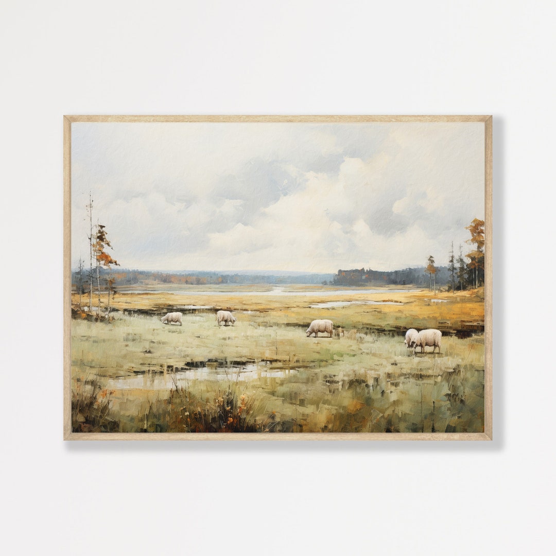 Sheep Painting | Neutral Landscape Print | Minimal Vintage Wall Art ...