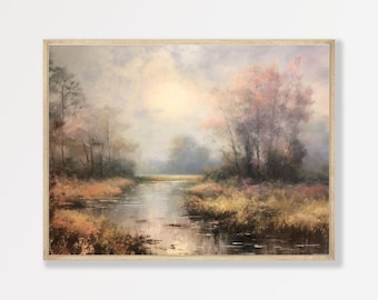 May include: An oil painting on canvas depicting a serene landscape with a calm river flowing through a meadow. The scene features soft, hazy light, muted golden and brown tones in the foliage, and a pale, cloudy sky above the distant horizon.