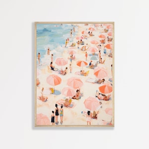 Pastel Pink Beach Painting: Retro Coastal Wall Art