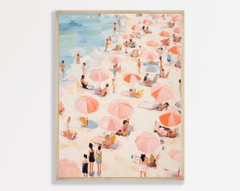 Retro Beach Painting | Pastel Pink Coastal Decor | Girly Apartment Bedroom Decor | Vintage Bathroom Wall Art | P #359
