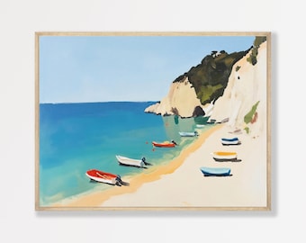 Retro Beach Painting: Minimal Coastal Wall Art Horizontal Print
