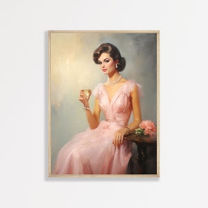 Retro Cocktail Portrait Painting | Vintage Women Oil Painting Print | Aesthetic Bar Cart Apartment Home Decor | P #256