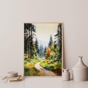 Forest Trail Painting: Retro Nature Landscape Wall Art image 2