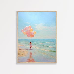 Pastel Beach Wall Print | Retro Seascape Oil Painting | Aesthetic Girly Home Decor | Maximalist Wall Art | P #086