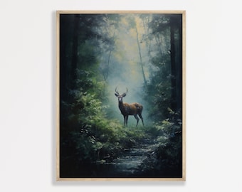 Deer Wall Art Print: Moody Forest Scene - Cottagecore Decor
