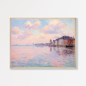 Coastal Town Painting Muted Pastel Pink Vintage Oil