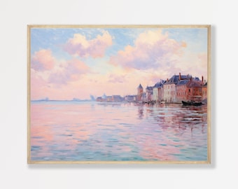 Coastal Town Painting Muted Pastel Pink Vintage Oil